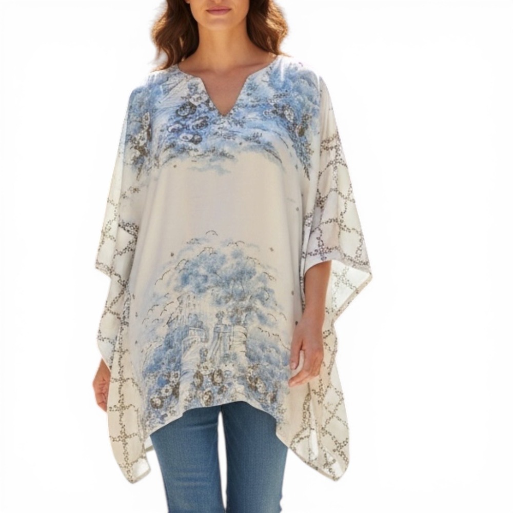 Blue 1X Toile de Jouy Scenic Print‎ V-Neck Kaftan Tunic Top Cream Kimono Sleeve